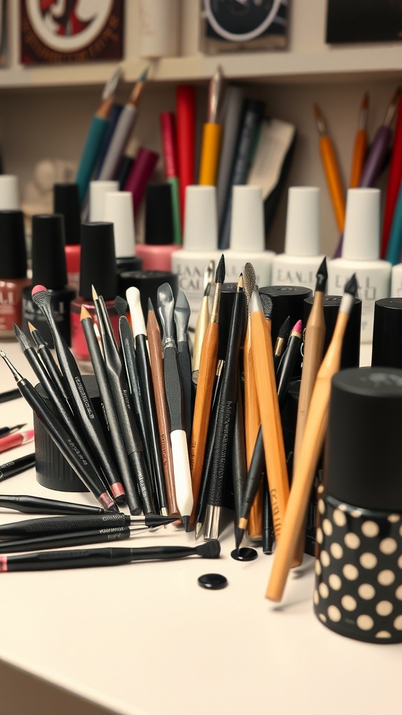 A collection of nail art tools including brushes and dotting tools, ready for creating black polka dot nails.