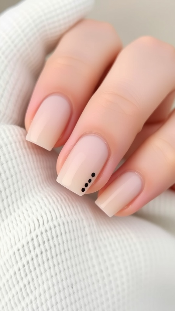 Close-up of minimalist nail art featuring a nude base color with black dots