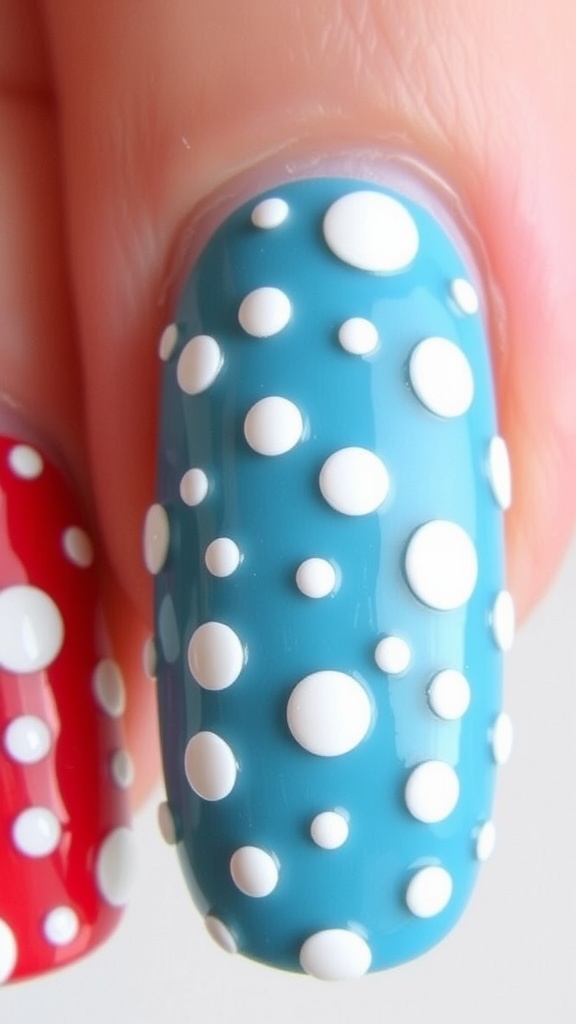 Close-up of blue nail with white polka dots and a red nail alongside it.