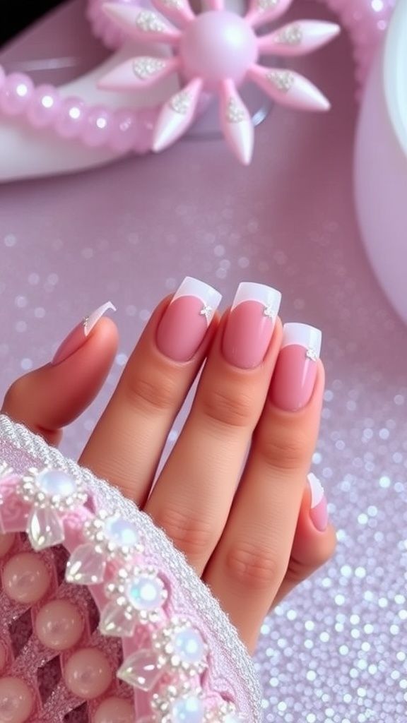 Close-up of short pink acrylic nails with rhinestones and a French tip design