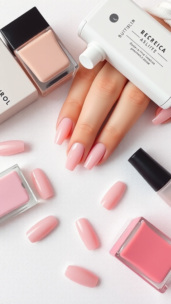 Image featuring baby pink chrome nails with nail polish bottles and tools.