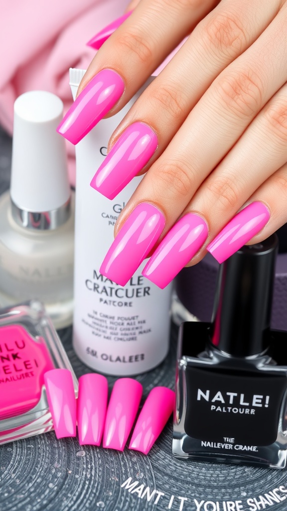 A close-up of hands with pink chrome nails, showcasing nail care products including a top coat and base coat.