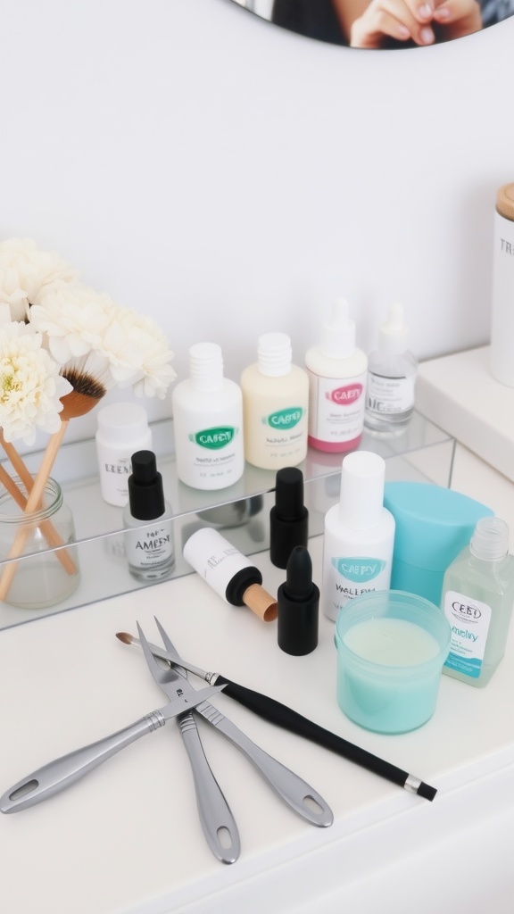 A neatly arranged nail care setup with various products and tools for maintaining almond-shaped nails.