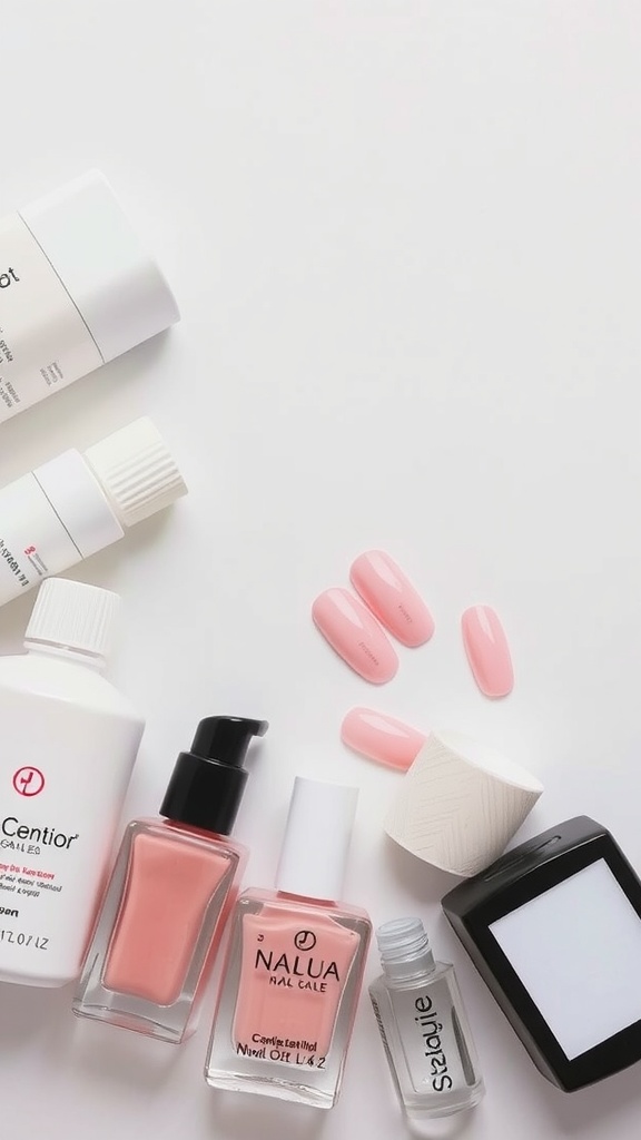 A collection of nail care products including pink chrome nail polish, cuticle oil, and base coat on a white background.