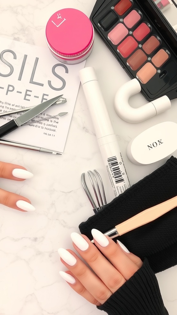 A close view of hands with white almond nails surrounded by nail care products on a marble surface.