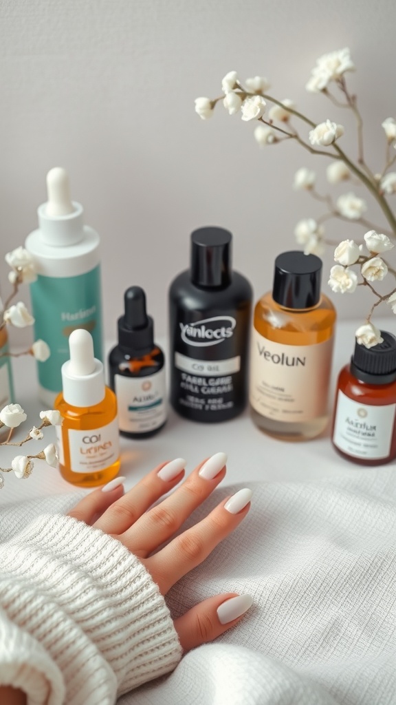 A hand with almond-shaped nails, surrounded by nail care products