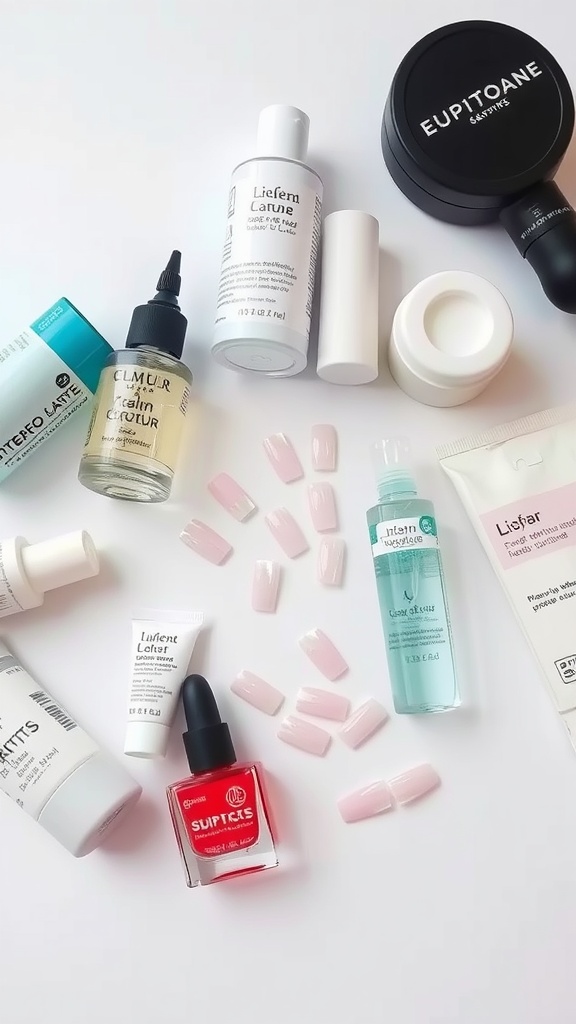 A variety of nail care products including oils and treatments surrounding short square acrylic nails.