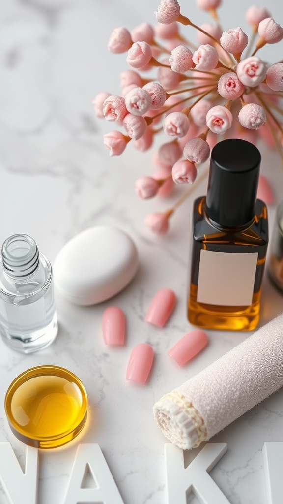 A flat lay of nail care items including light pink chrome nails, bottles of oils, and a pretty flower arrangement.
