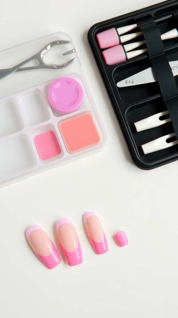 A set of pink chrome French tip nails with nail care tools