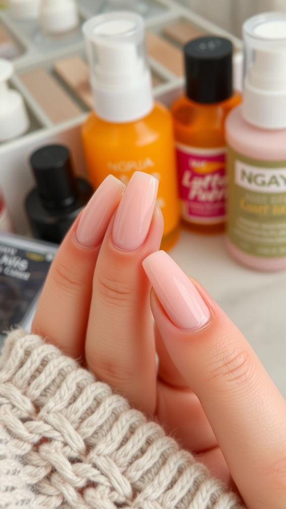 A close-up of hands with nude acrylic nails holding a cozy knitted sweater, surrounded by various nail care products.