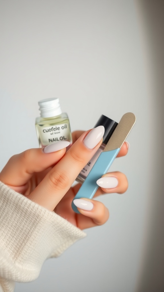 A hand holding a nail file and nail oil, showcasing almond-shaped nails.