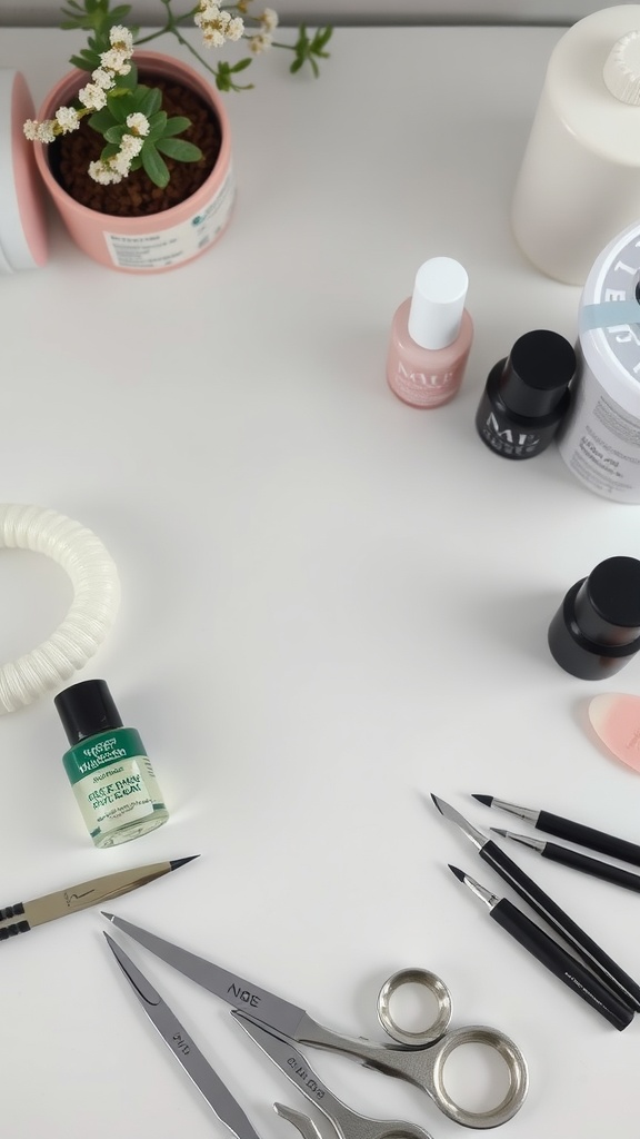 A variety of nail care tools and products on a clean white surface, including polish bottles and brushes.