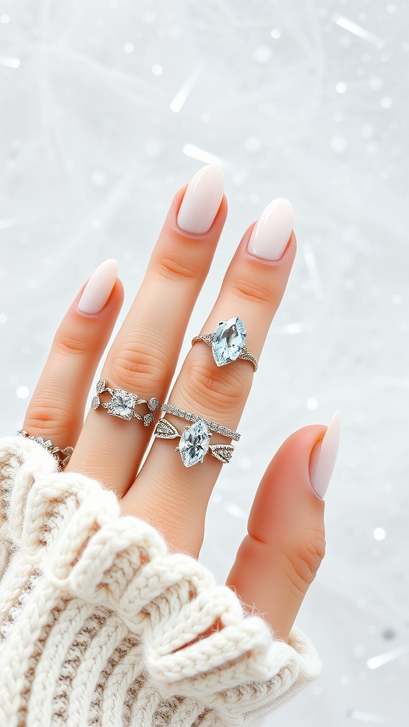 Close-up of hands with white almond nails adorned with multiple rings, wearing a cozy knitted sweater.