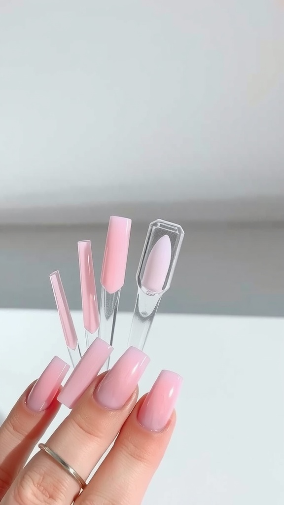 Nail tips in various shapes showcasing light pink chrome finish