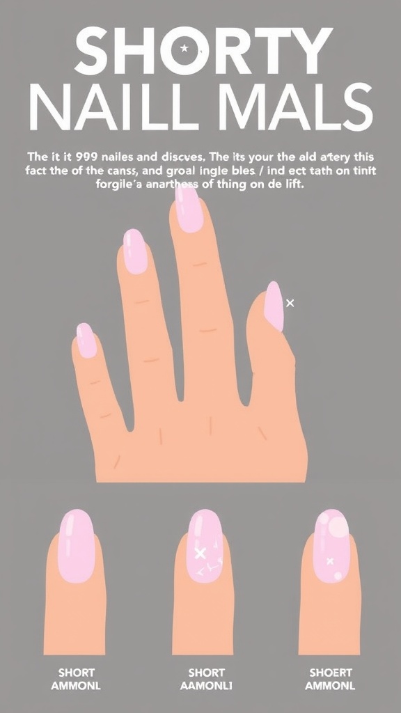 Image showing different styles of short almond nails with variations in design and color