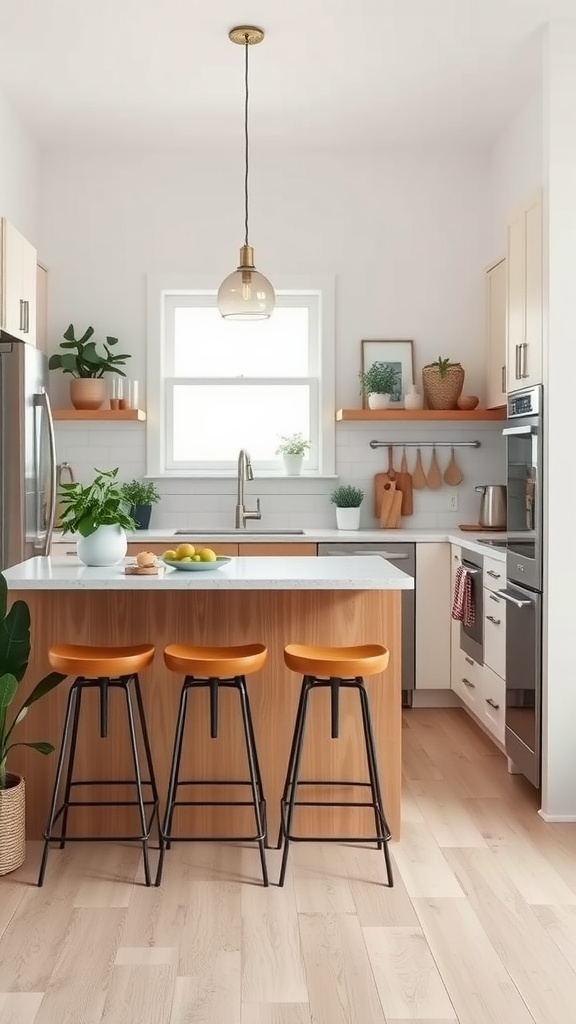 A narrow kitchen island with orange bar stools and plants, providing extra workspace in a small kitchen.