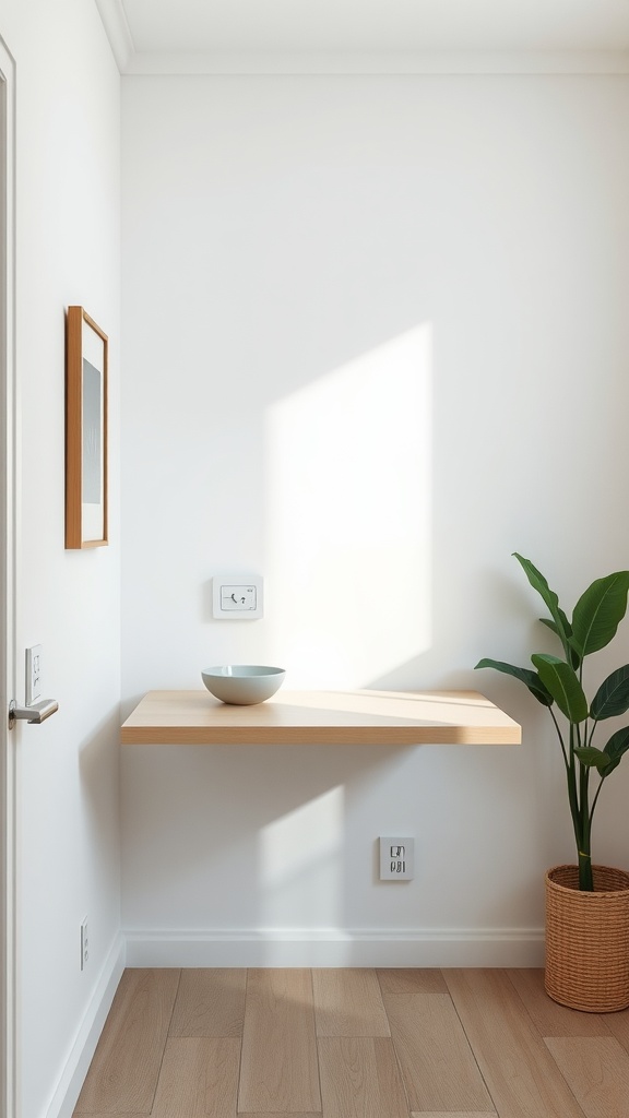 A minimalist wall-mounted table with a bowl, set in a bright room with a plant.