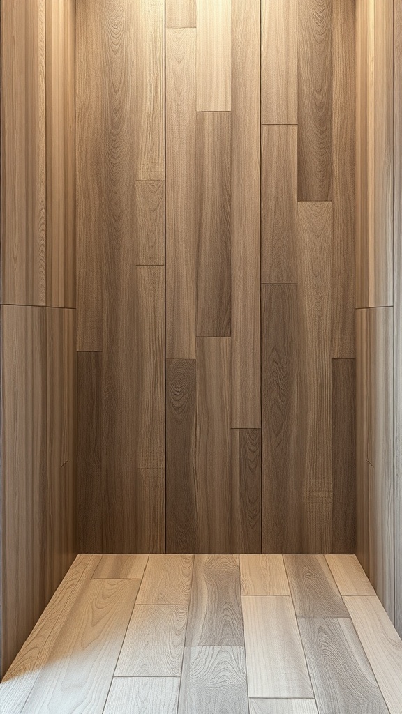 Wood look tile shower walls showcasing warm tones and intricate patterns.