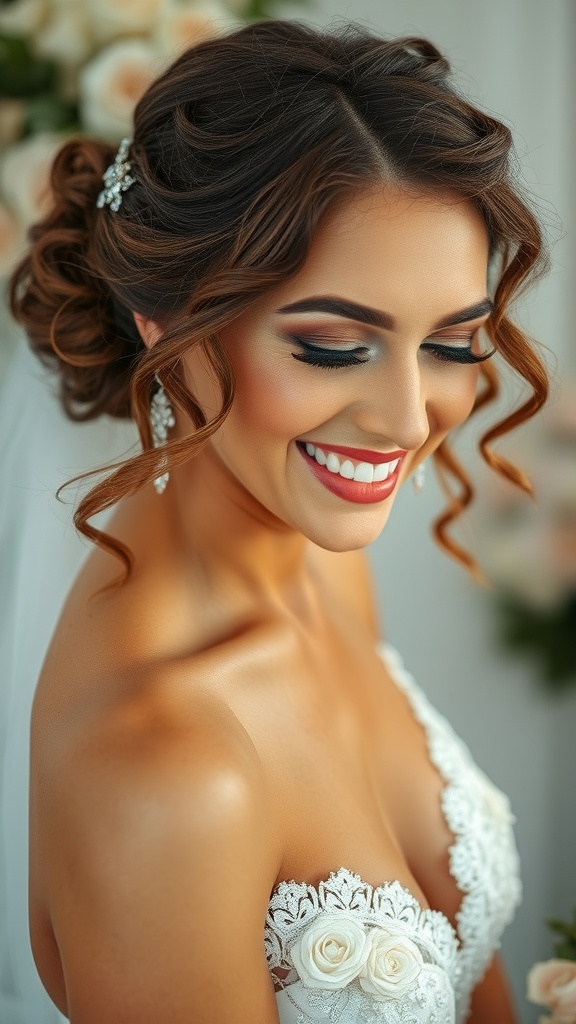 A bride with natural curls styled in an updo, adorned with sparkling hair jewelry, smiling elegantly.