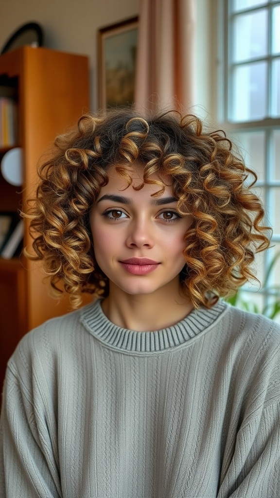A woman with a natural curly bob hairstyle, showcasing defined curls, wearing a cozy sweater.