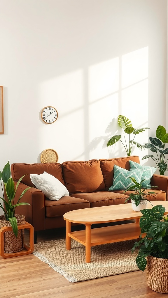 A living room featuring a brown couch, plants, and a wooden coffee table