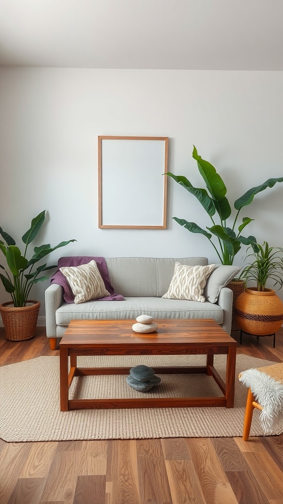 A cozy living room featuring a gray couch with decorative pillows, a wooden coffee table, and tall green plants in woven baskets.