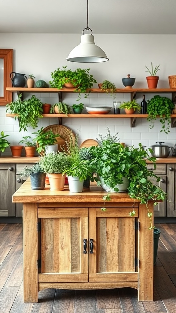 A rustic farmhouse kitchen island surrounded by various potted plants, showcasing natural elements and a cozy ambiance.