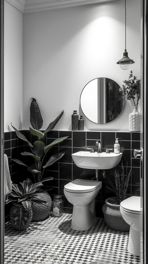 A stylish black and white bathroom featuring plants and a round mirror.