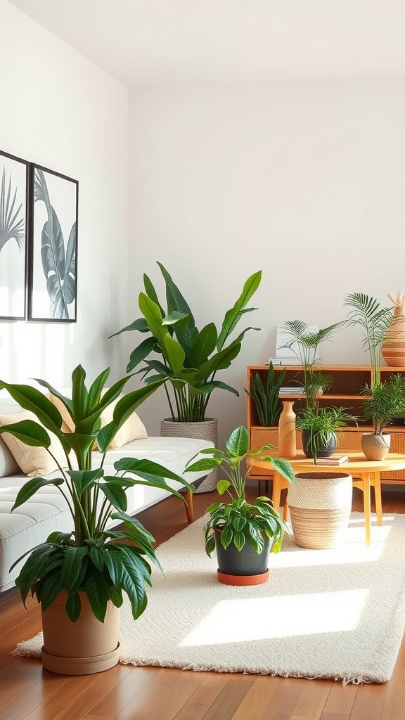 A cozy minimalist living room filled with various plants, wooden furniture, and soft textiles.