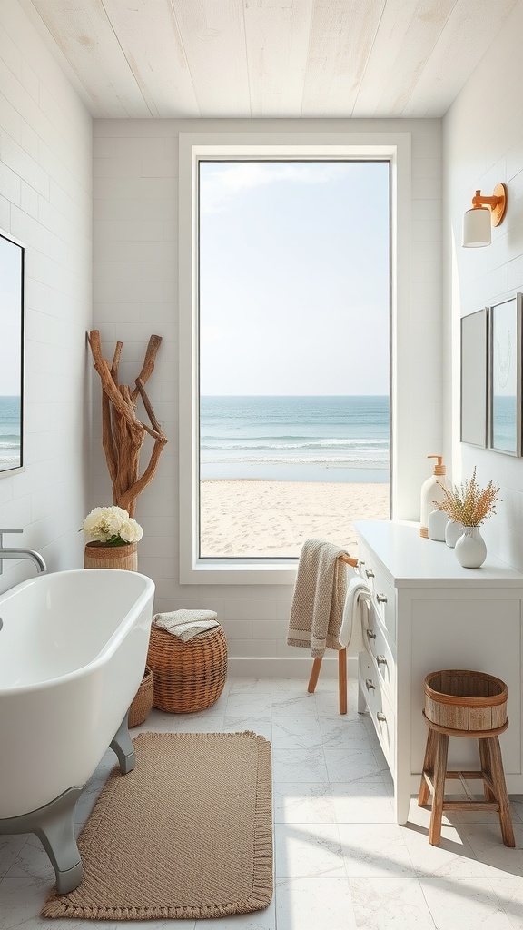 Coastal bathroom featuring driftwood accents, a large window with ocean view, and a serene design.