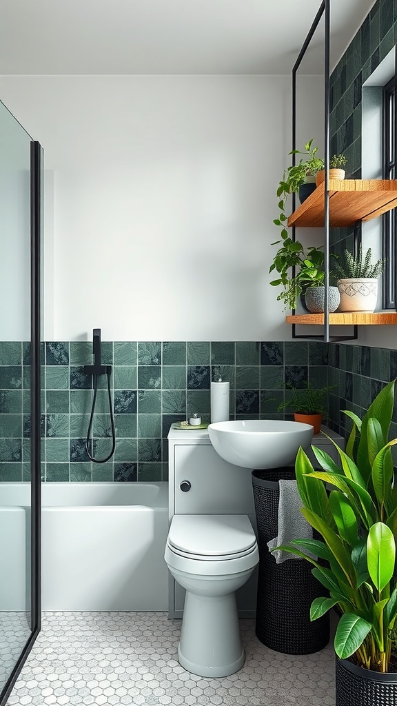A stylish green and black bathroom featuring plants and wooden shelves.