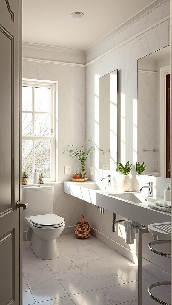 A bright and clean bathroom featuring natural light and mirrors, with plants adding a fresh touch.