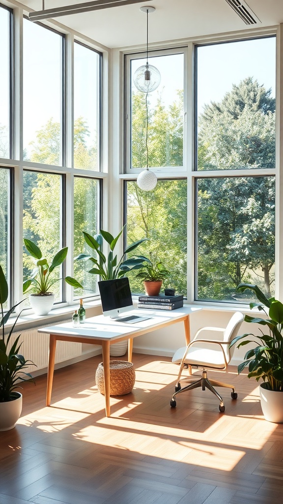 A modern home office with large windows, a minimalist desk, and indoor plants.