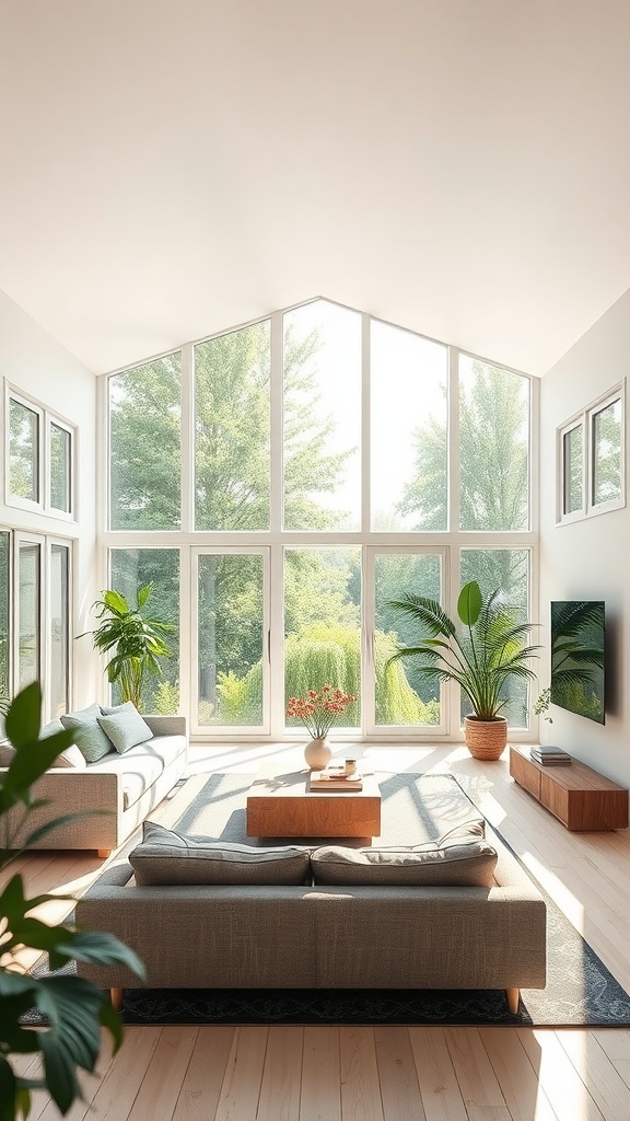 A bright and airy western farmhouse living room with large windows, comfortable seating, and plants.