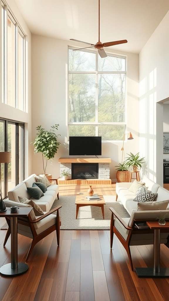 A bright mid-century modern living room with large windows, open spaces, and simple furniture.