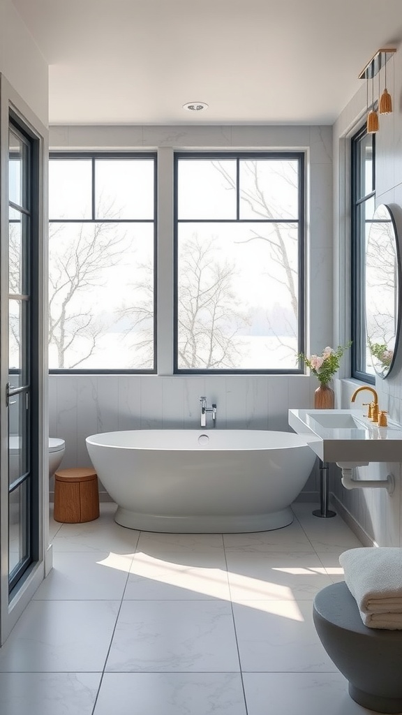A modern guest bathroom featuring large windows for natural light, a freestanding bathtub, a sleek sink, and natural decor.