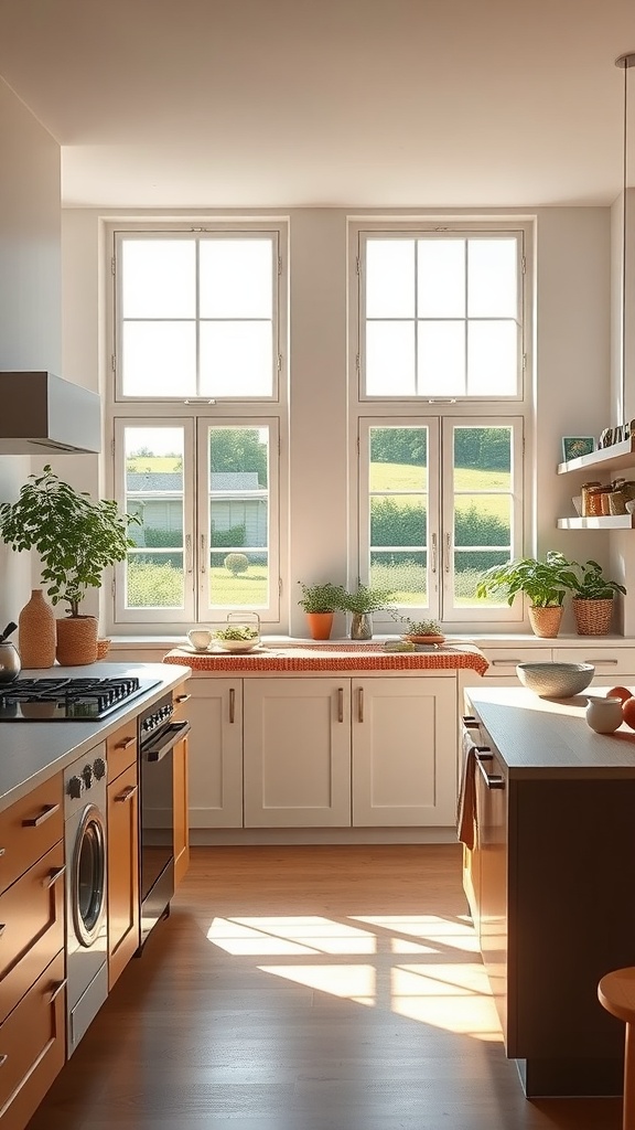 Bright and airy French farmhouse kitchen with large windows and countryside views