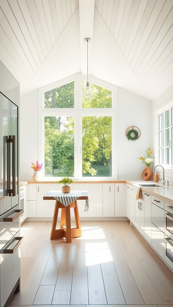 A bright farmhouse kitchen with large windows letting in natural light.