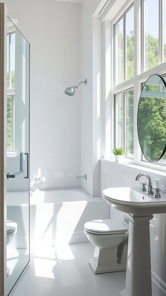 Bright small farmhouse bathroom with large windows and natural light