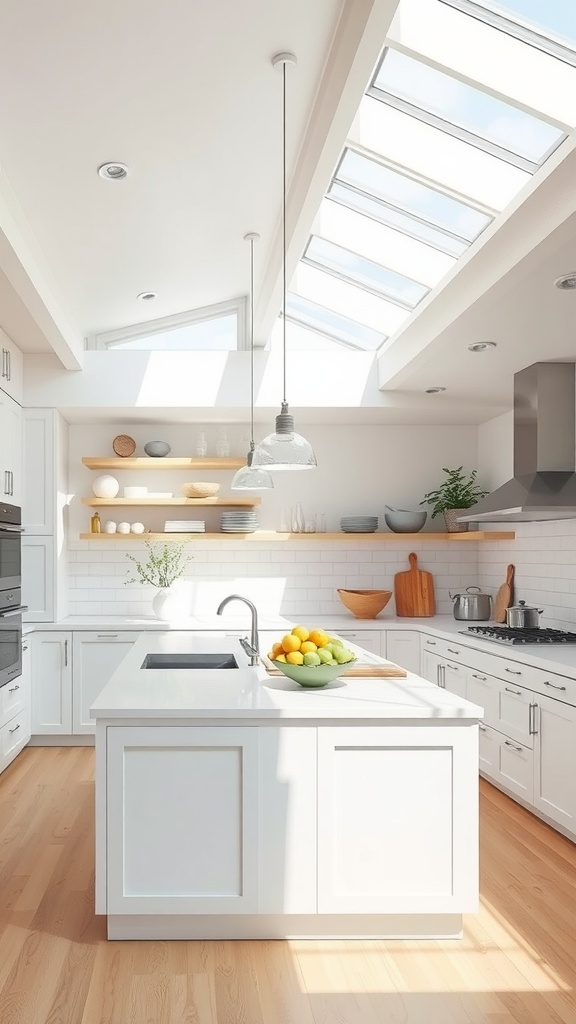 Bright kitchen with skylights over an island, featuring white cabinetry and natural wood flooring.