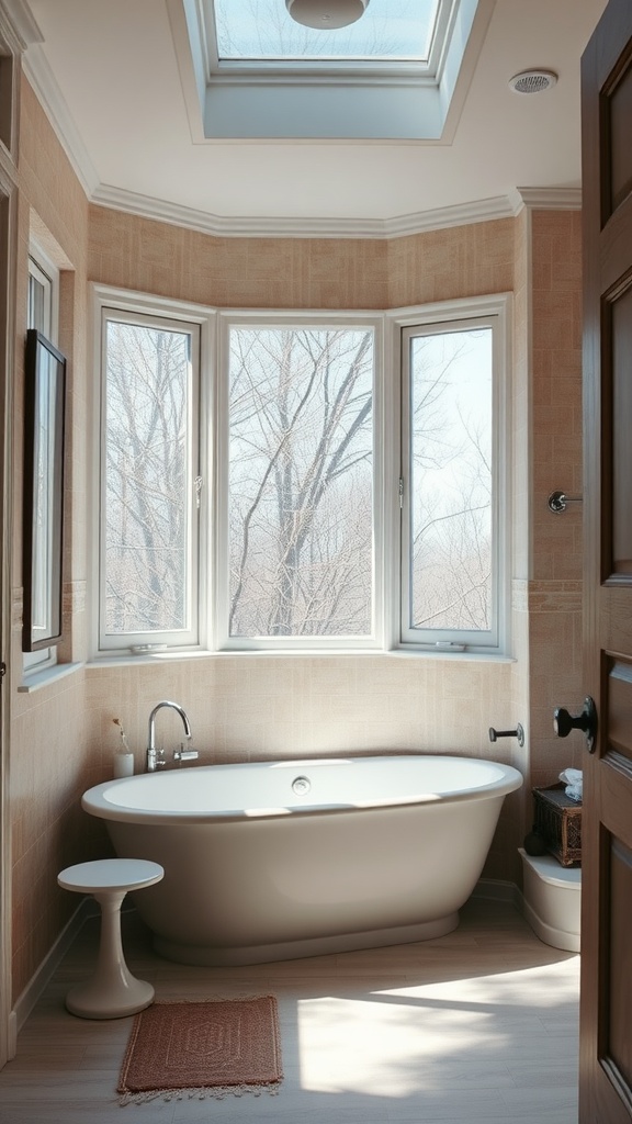 Bright small bathroom featuring a tub under a skylight and large windows