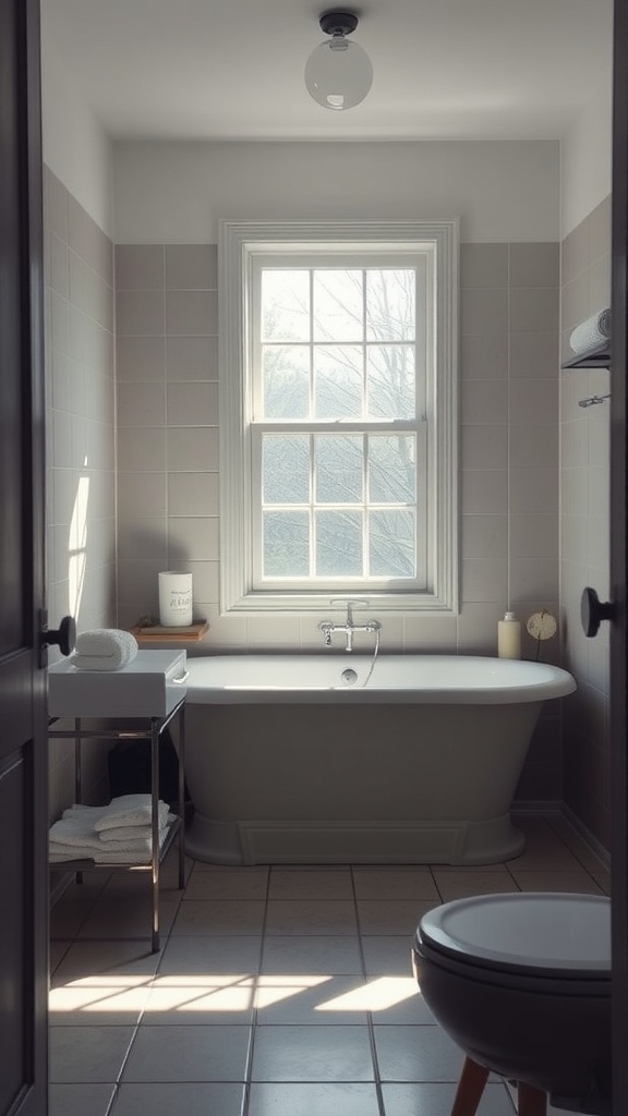 A bright small bathroom featuring a window that lets in natural light, a bathtub, and neatly arranged towels.