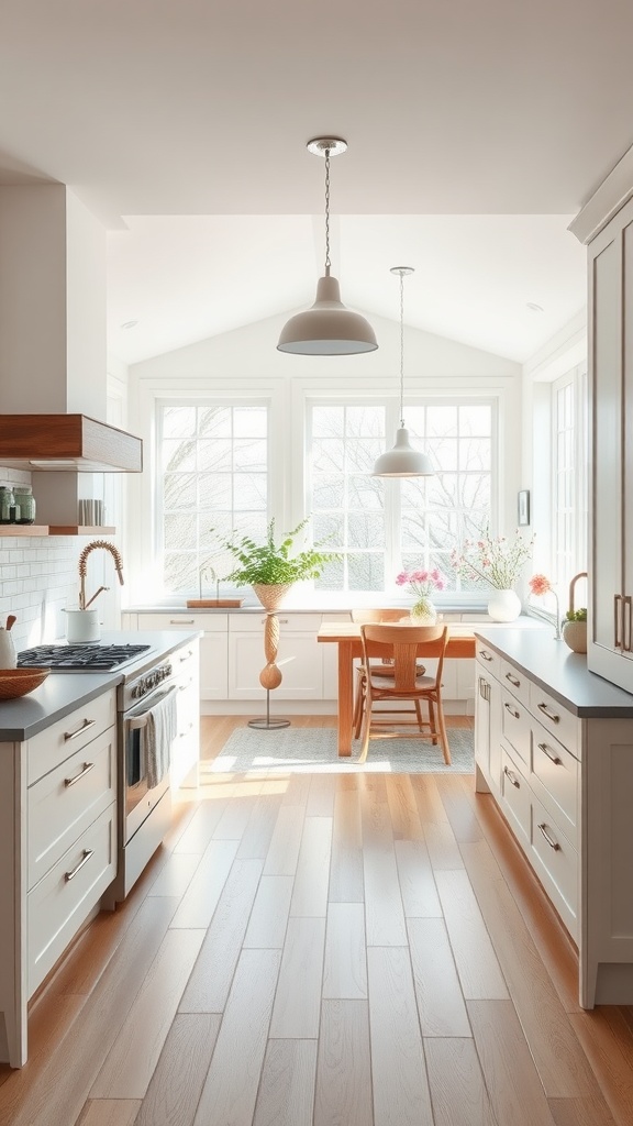A bright, modern farmhouse kitchen with large windows, wooden flooring, and a cozy dining area.