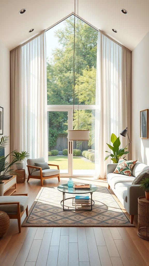A bright living room with large windows, sheer curtains, plants, and wooden furniture.