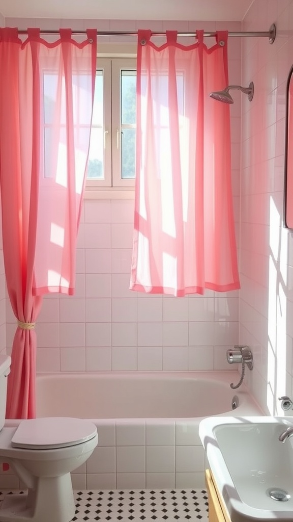 Bright pink sheer curtains in a bathroom