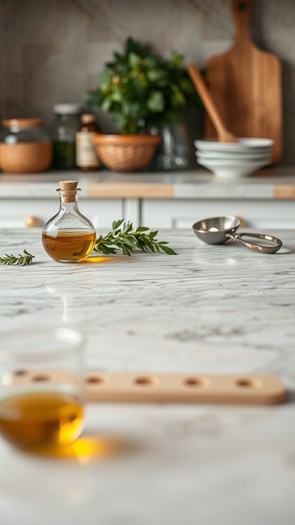 A rustic Italian farmhouse kitchen featuring a marble countertop with a glass oil bottle, fresh herbs, and wooden kitchenware.