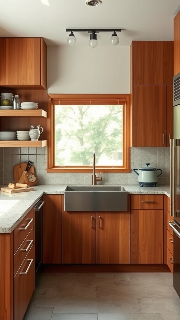 Mid-century modern kitchen showcasing natural wood cabinets and stone countertops