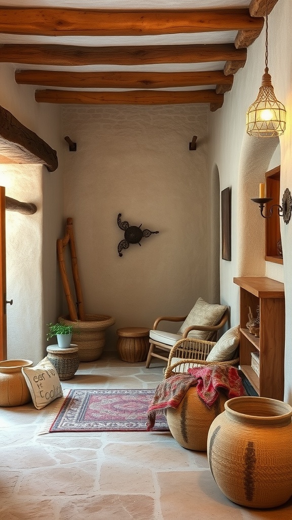 A cozy hallway with wooden beams, natural stone flooring, and rustic decor elements like woven baskets and pottery.