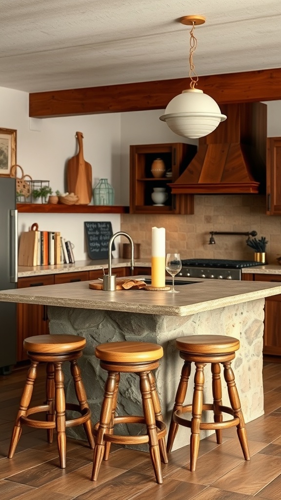 A rustic kitchen with natural stone accents, including a stone island and wooden bar stools.