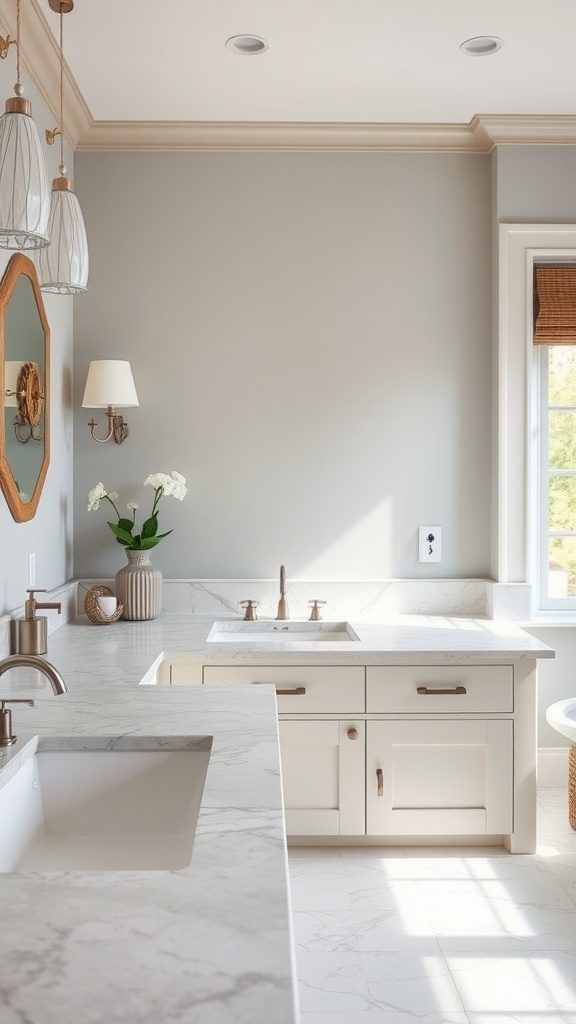Modern farmhouse bathroom featuring natural stone countertops, light cabinetry, and elegant fixtures